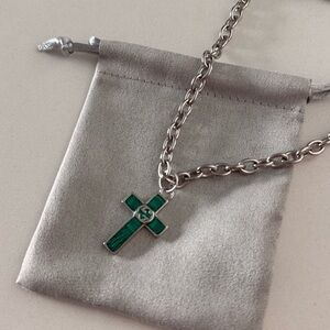 Authentic Gucci Enamel Cross Pendant Necklace - Silver Chain